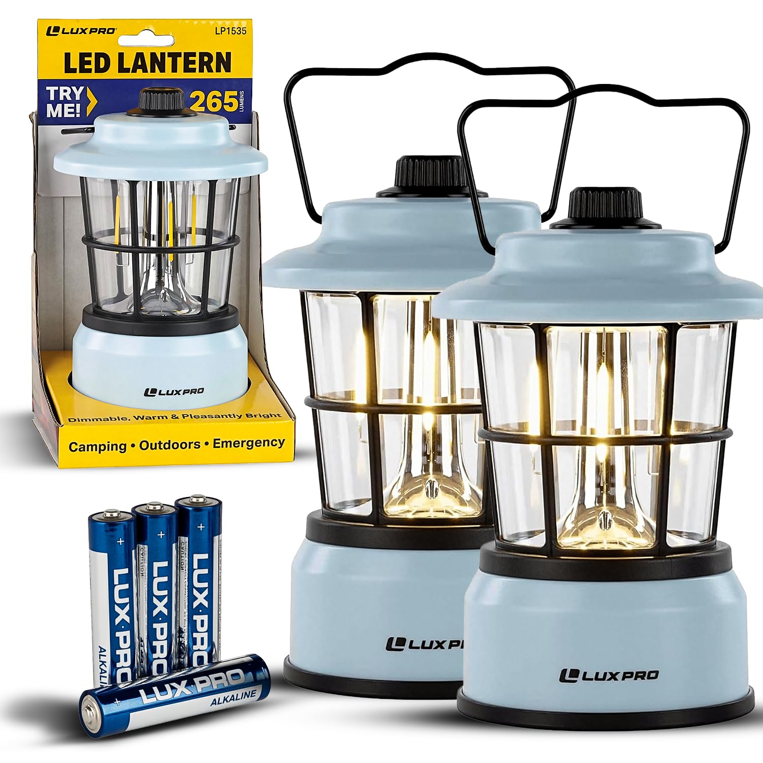 LUXPRO Retro LED Lantern blue front view for reliable campsite lighting.