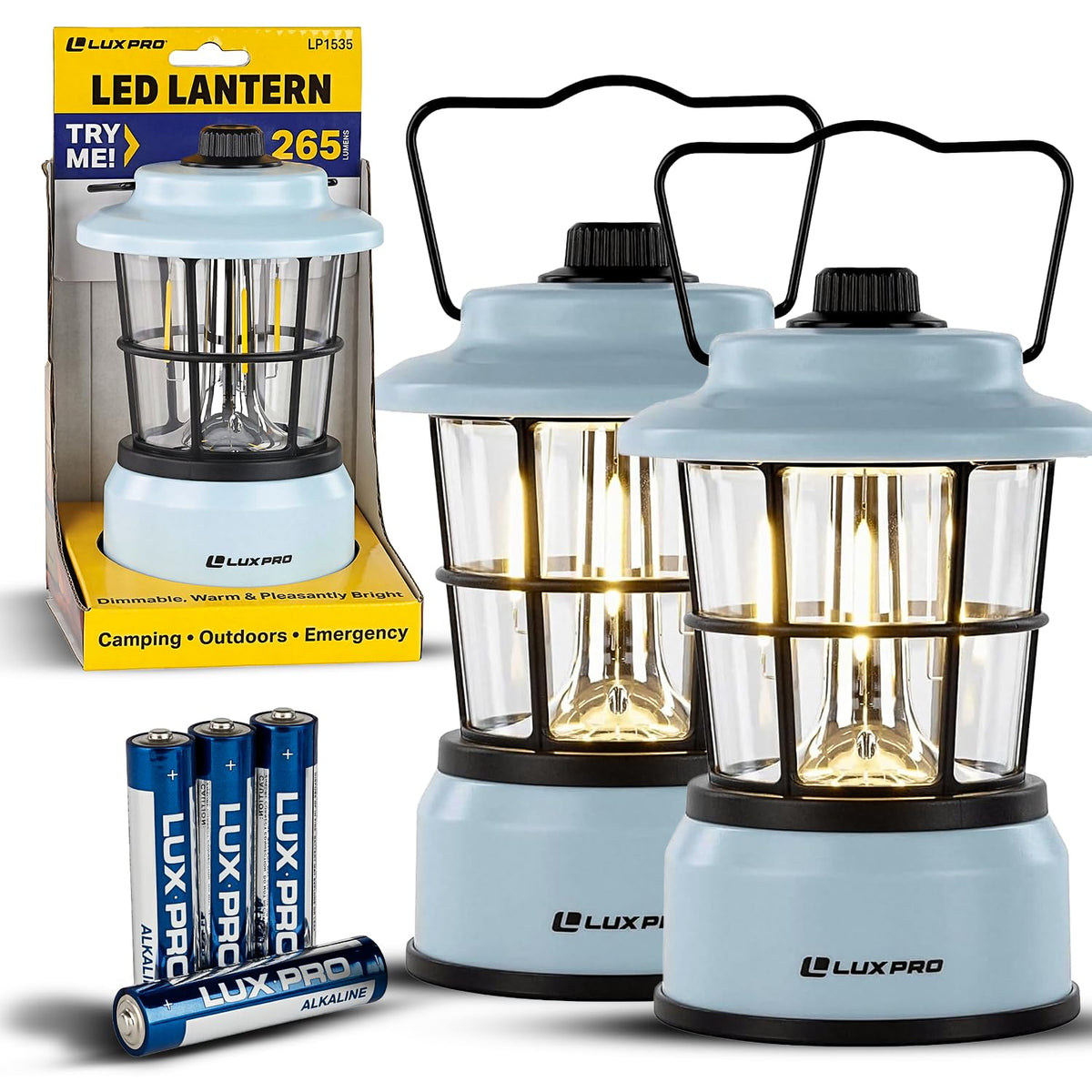LUXPRO Retro LED Lantern blue front view for reliable campsite lighting.