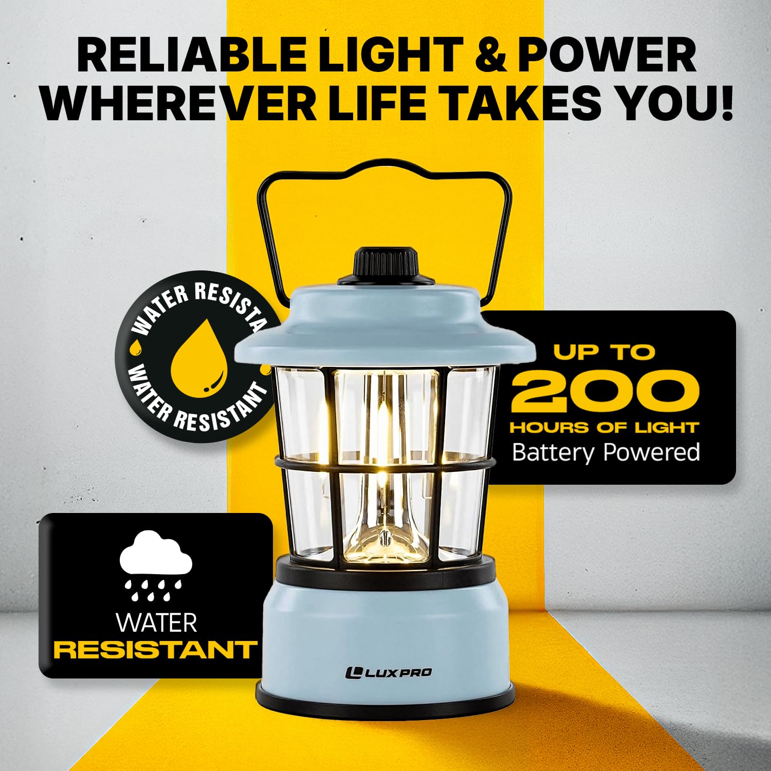 LUXPRO Retro LED Lantern blue hanging hook for tent setup and hands-free lighting.