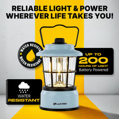 LUXPRO Retro LED Lantern blue hanging hook for tent setup and hands-free lighting.
