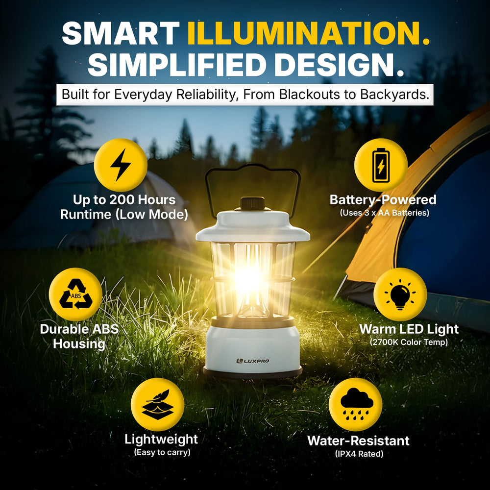 LUXPRO Retro LED Lantern blue in tent during a night camping trip.