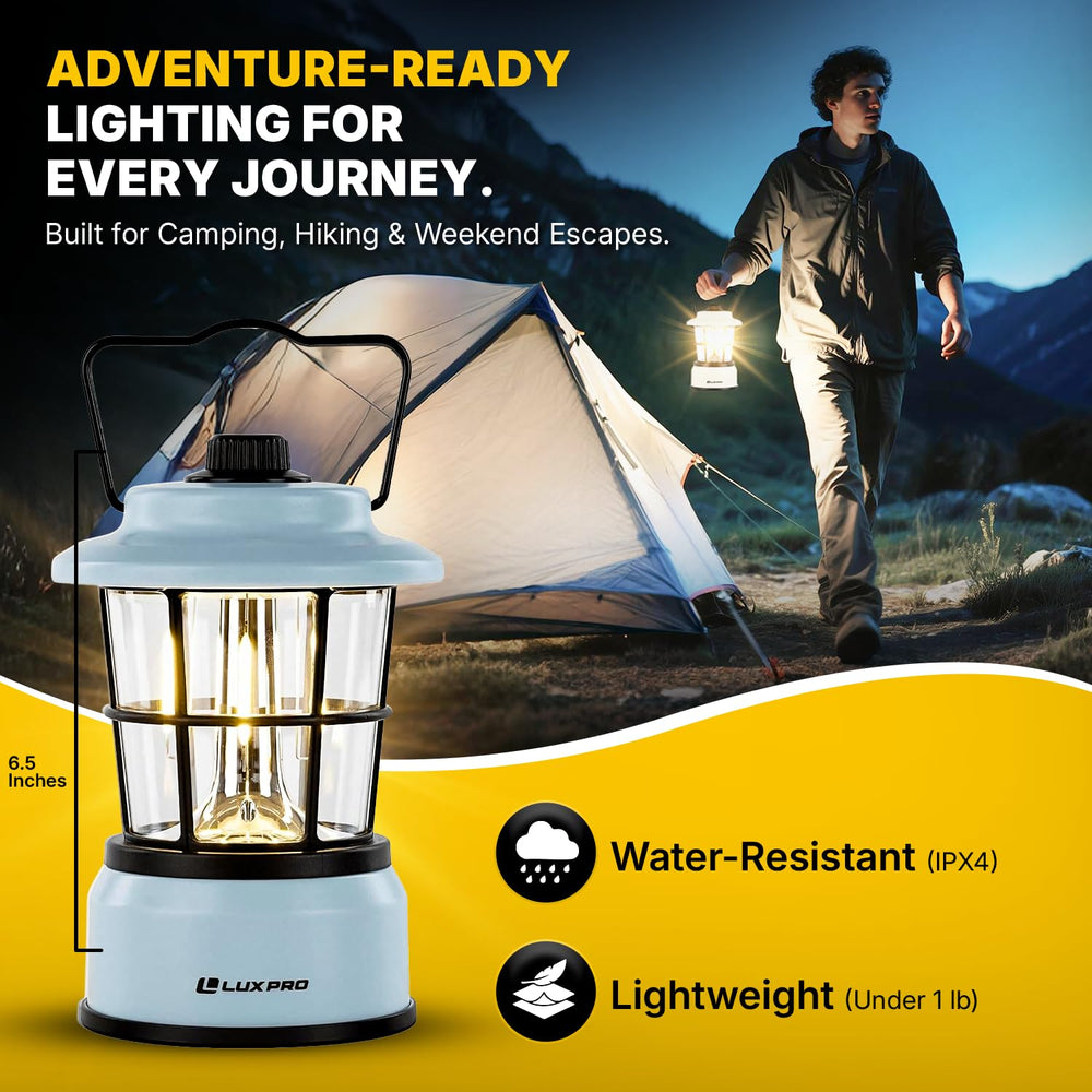 LUXPRO Retro LED Lantern blue water-resistant build withstands rainy outings.