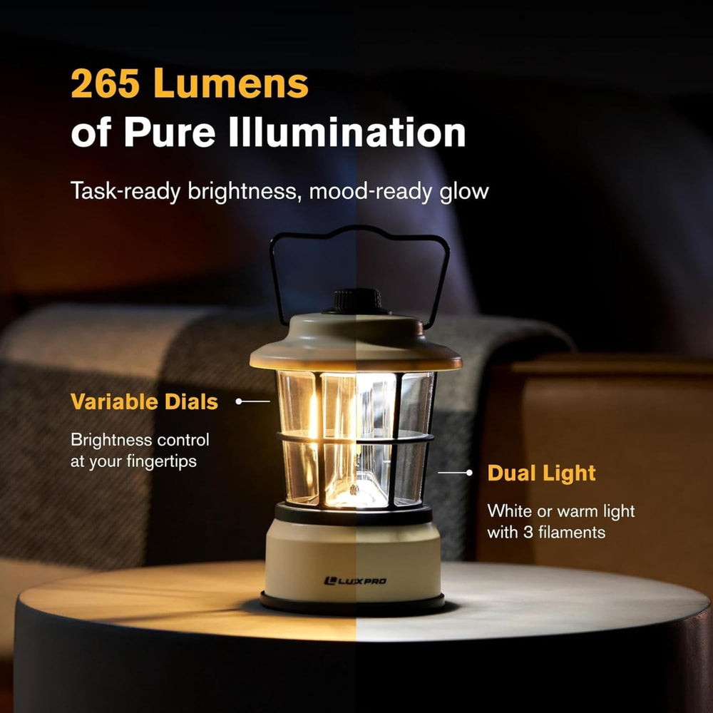 LUXPRO Retro LED Lantern in tent provides steady ambient light for camping