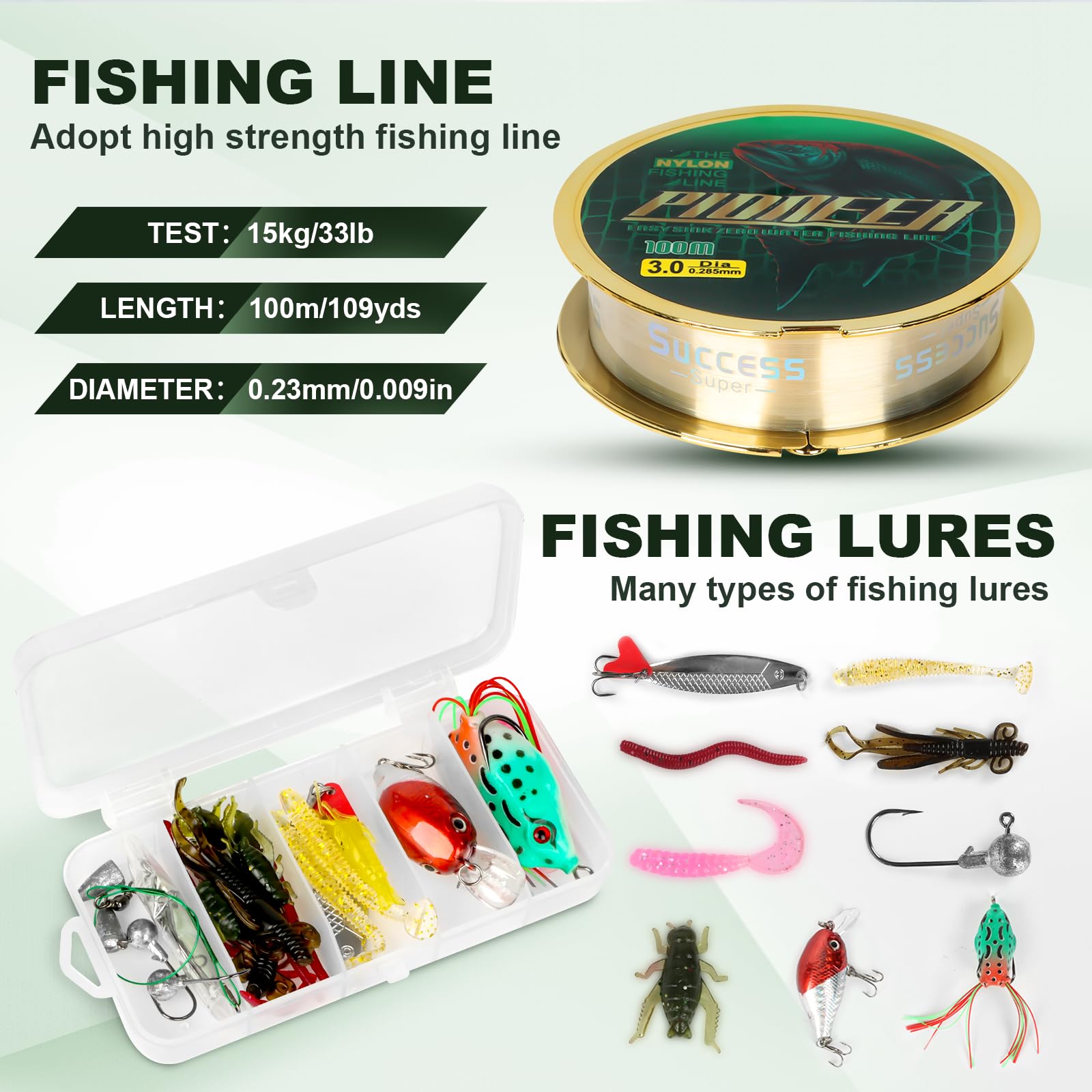 Luyianxi 55pc lures and hooks showcase a ready-to-fish assortment for beginners.