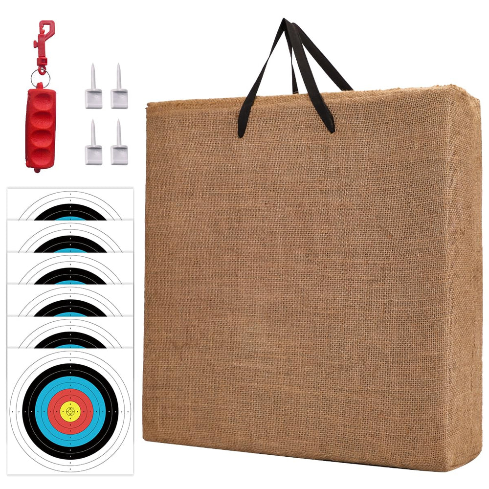 LWANO 20-inch straw target in backyard setup for archery practice.