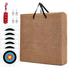 LWANO 20-inch straw target in backyard setup for archery practice.
