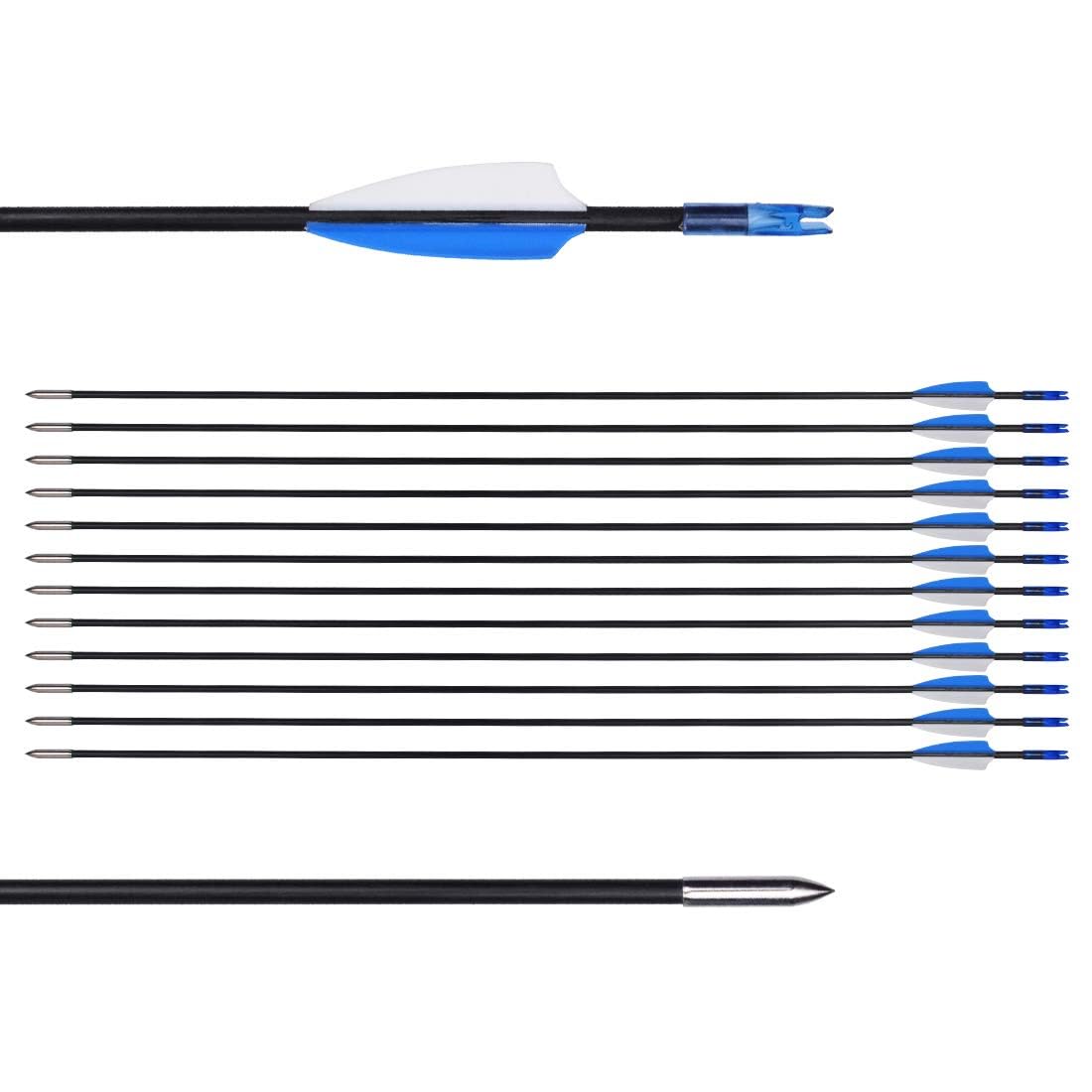 LWANO 31-inch fiberglass training arrows with durable shaft for safe beginner practice sessions.