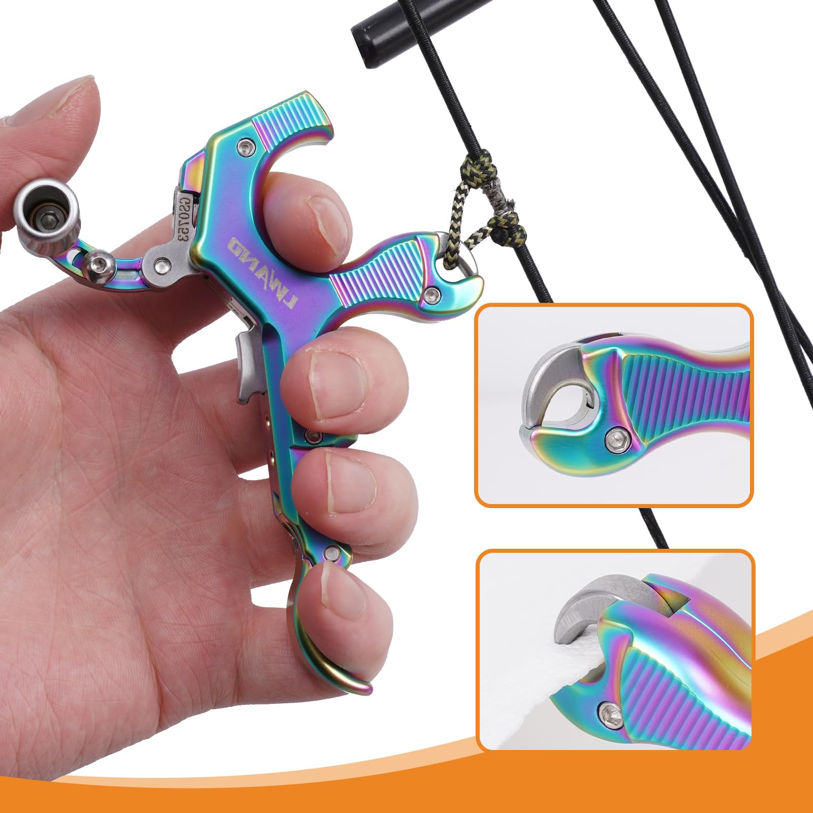 LWANO archery release ergonomic grip supports comfortable four-finger setup.
