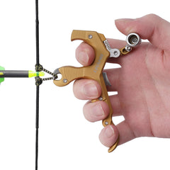 LWANO archery release frame in gold demonstrates lightweight durability for reliable shots.