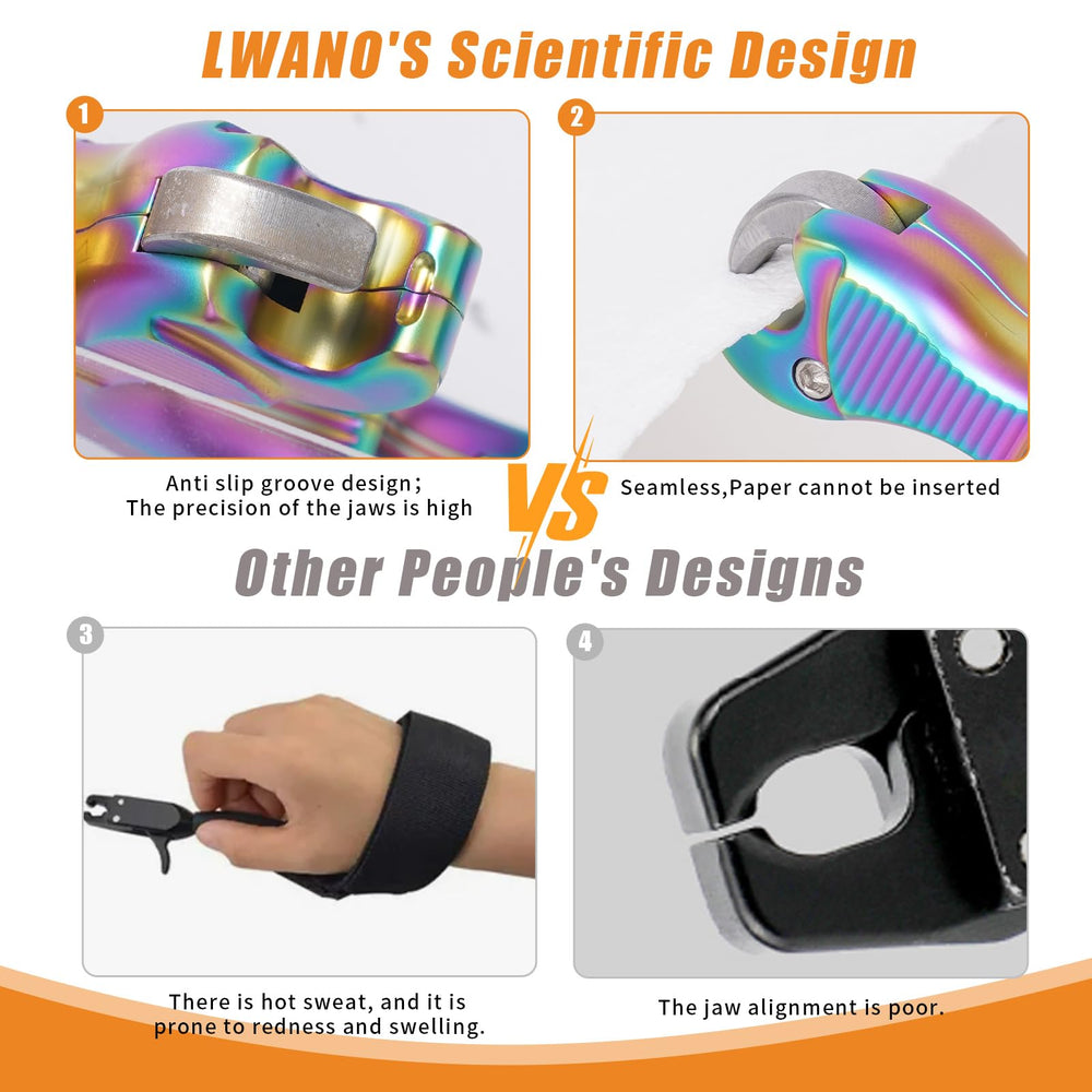LWANO archery release jaw-lock system secures arrow until release.