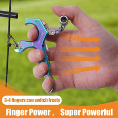 LWANO archery release thumb-button closeup showing ergonomic grip for precise control.