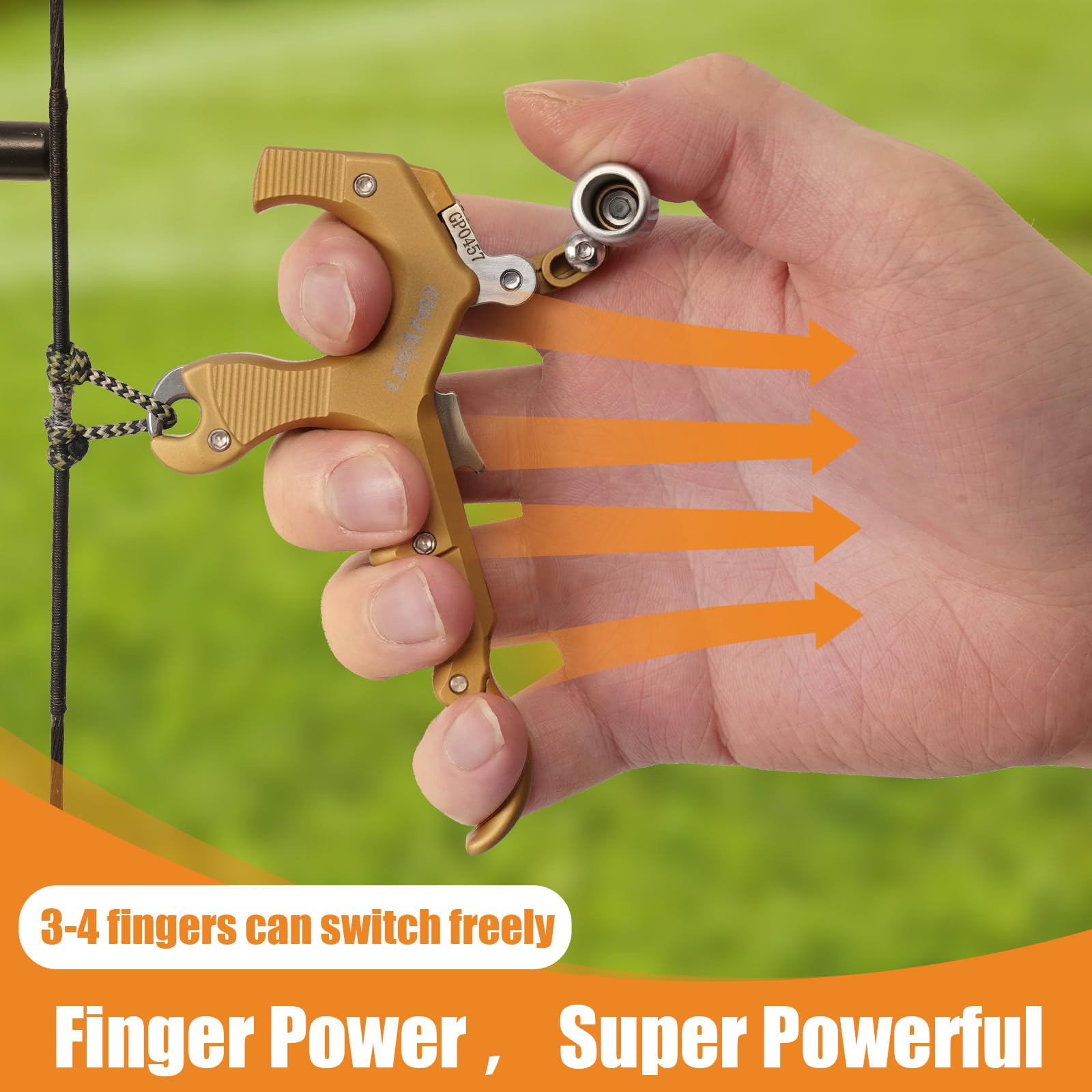 LWANO archery release thumb button in gold enables easy multi-position control for comfort.