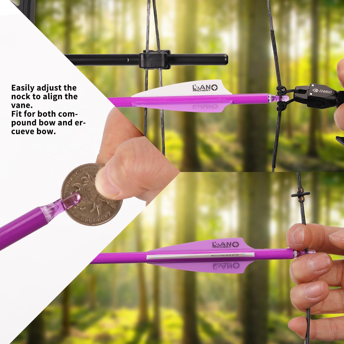 LWANO carbon arrow with fluorescent 3-inch vanes improves flight visibility in dim light