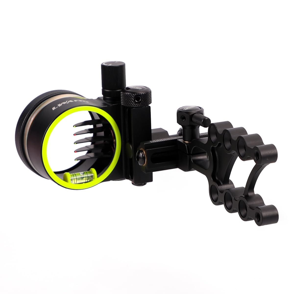 LWANO M2 bow sight front view showcasing durable all-aluminum build for rugged hunting.