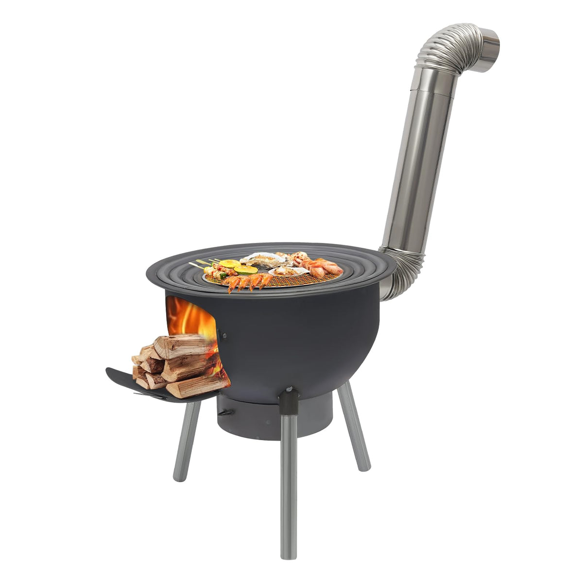 LyeXD wood-burning stove with grill rack for outdoor cooking and gatherings.