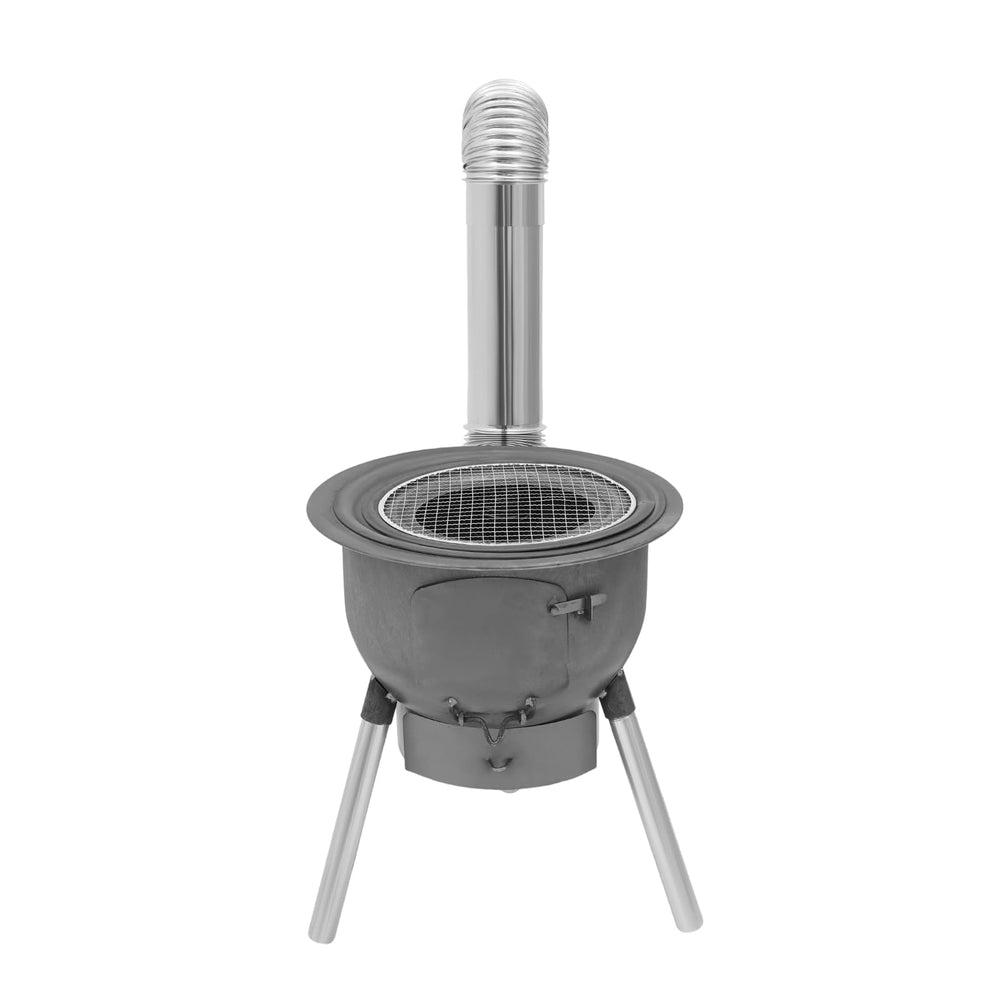 LyeXD wood-burning stove with grill rack showing durable construction for versatile outdoor cooking.