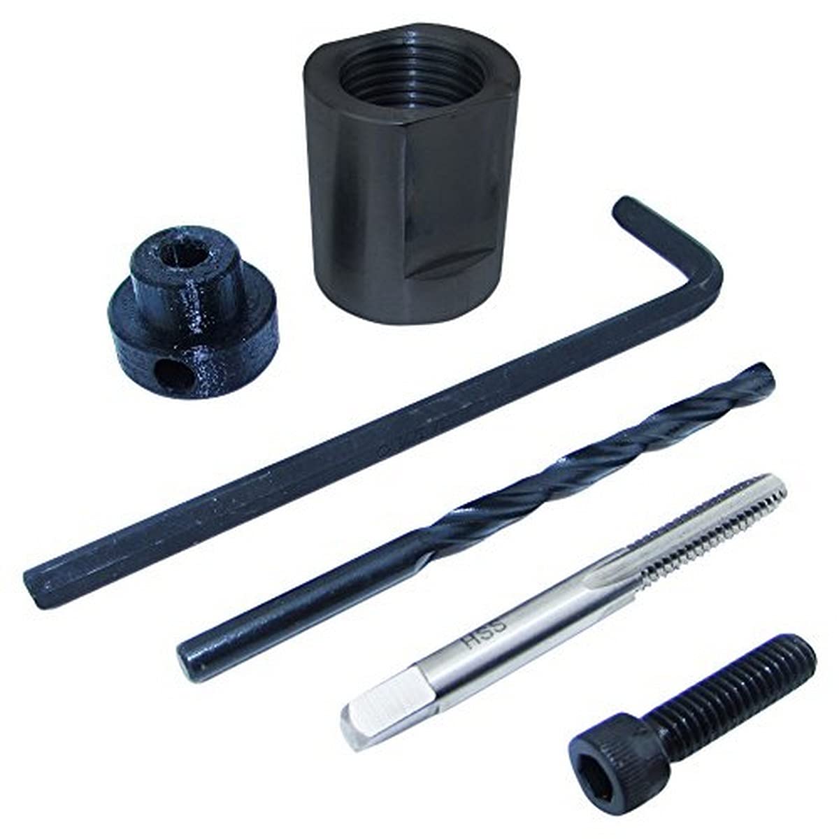Lyman 7680350 Stuck Case Remover kit with dual-purpose threaded cap, drill guide, pulling screw, and hex wrench.