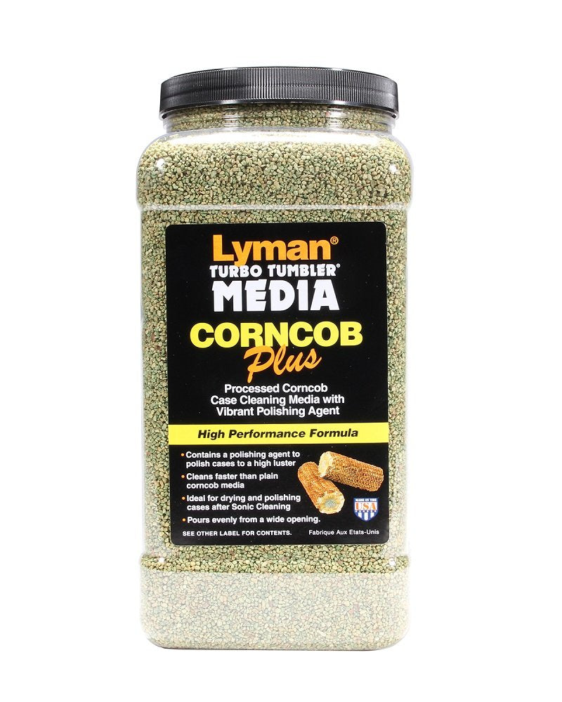 Lyman Medium Corncob Plus 4.5 lb container showing reusable brass-cleaning media.