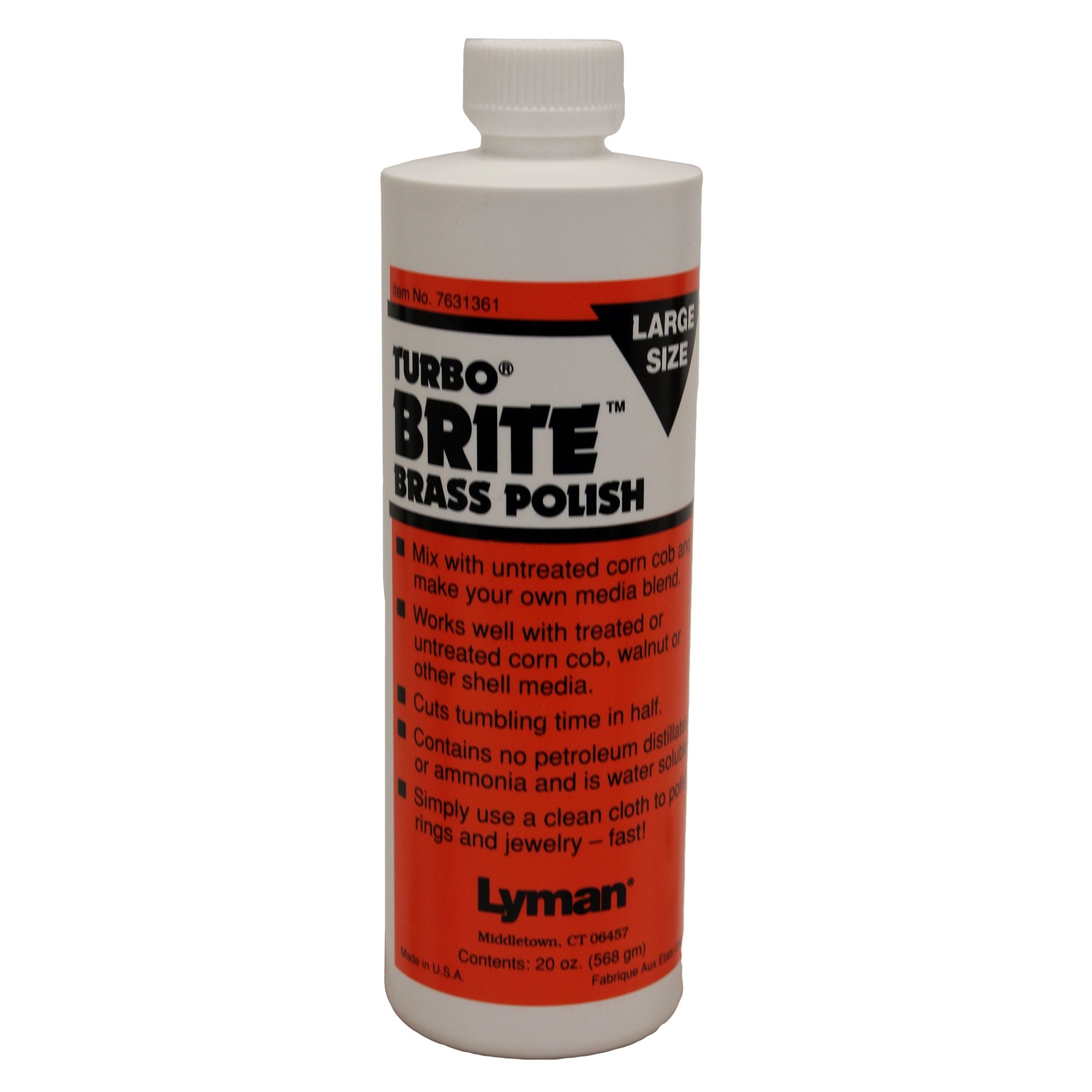 Lyman Turbo Brite brass polish bottle close-up (20 oz)