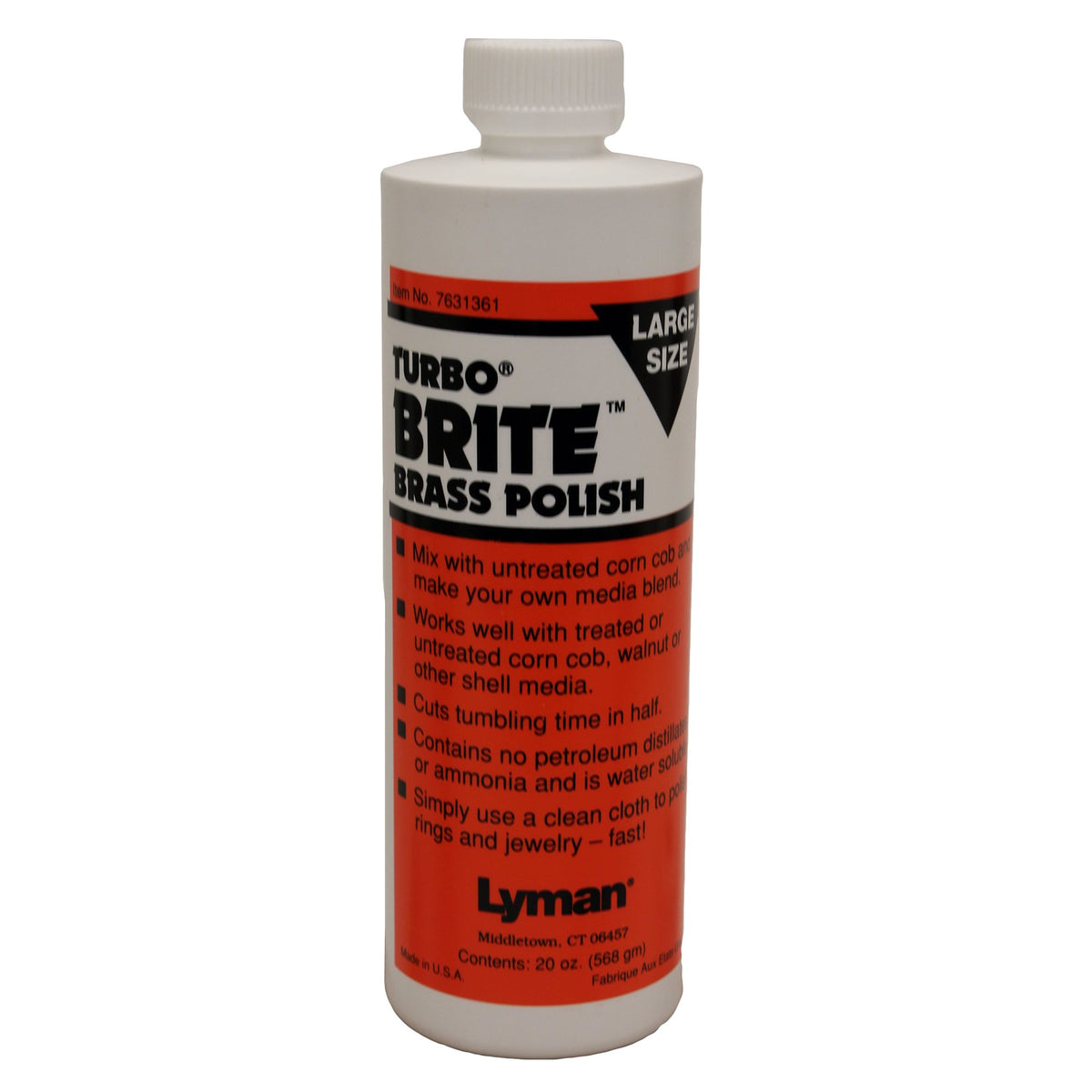 Lyman Turbo Brite brass polish bottle close-up (20 oz)