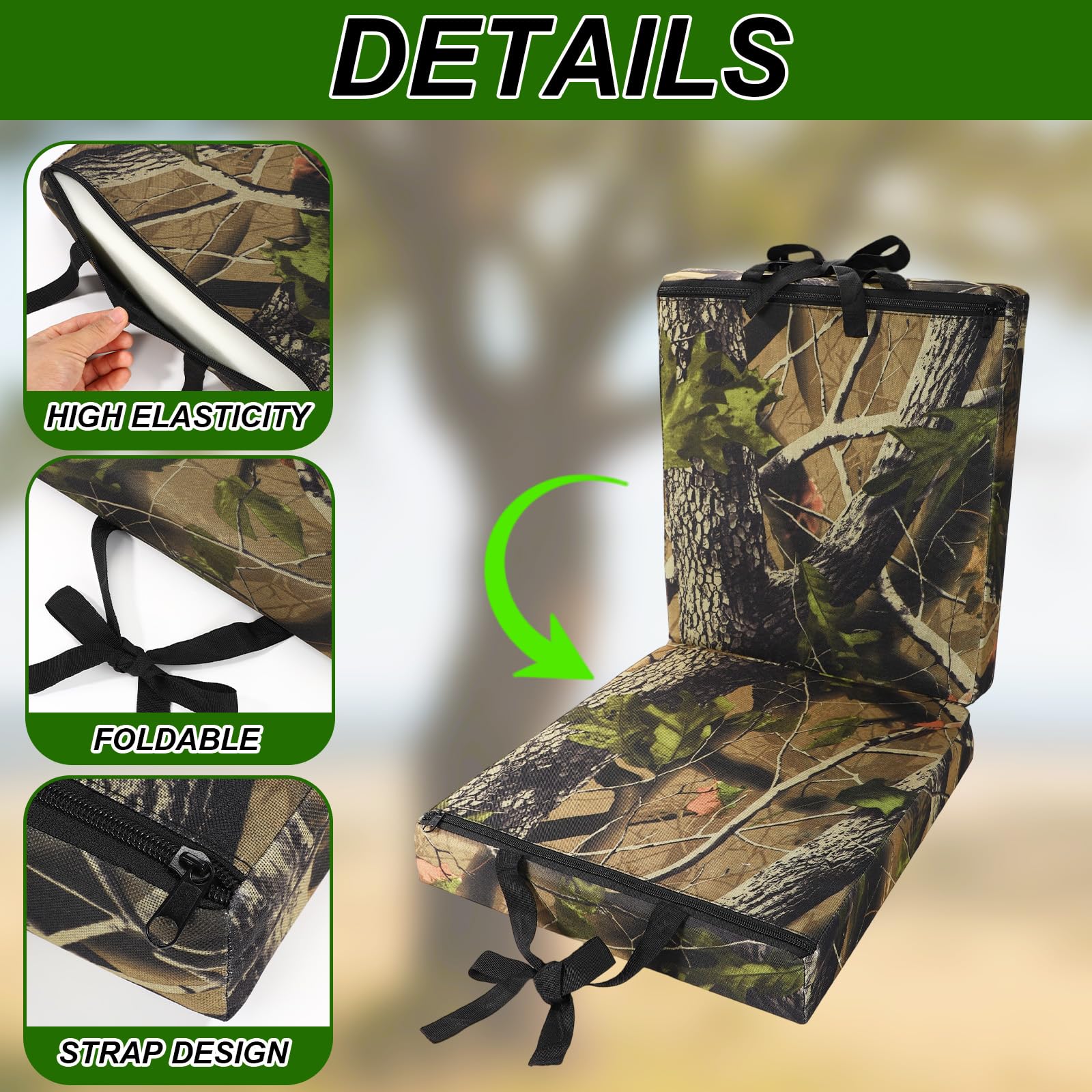 Lyreh tree stand cushion camouflage blends with surroundings for stealth.