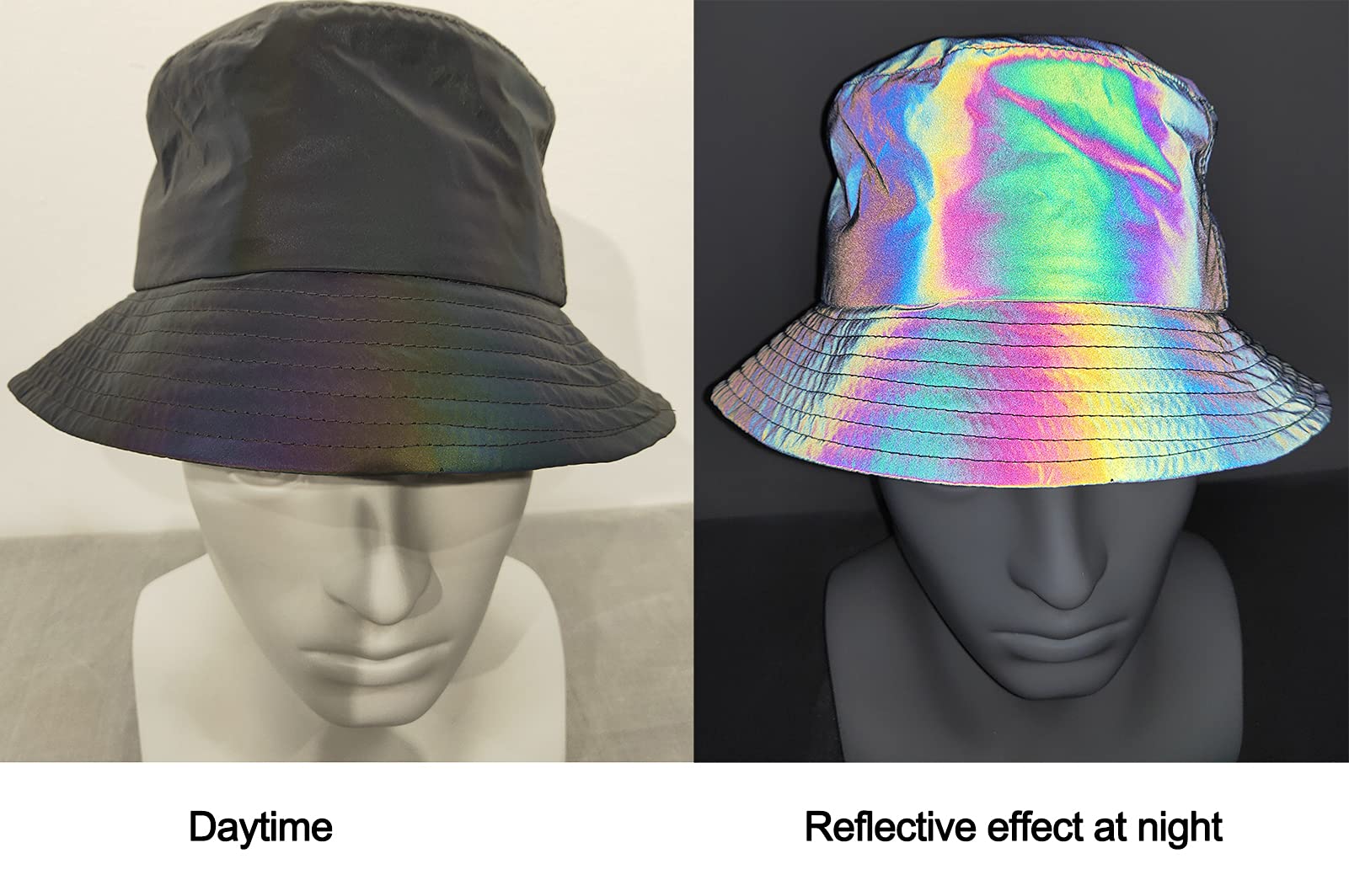 LZLRUN Rainbow Reflective Fishermans Hat side view shows breathable fabric for warm days