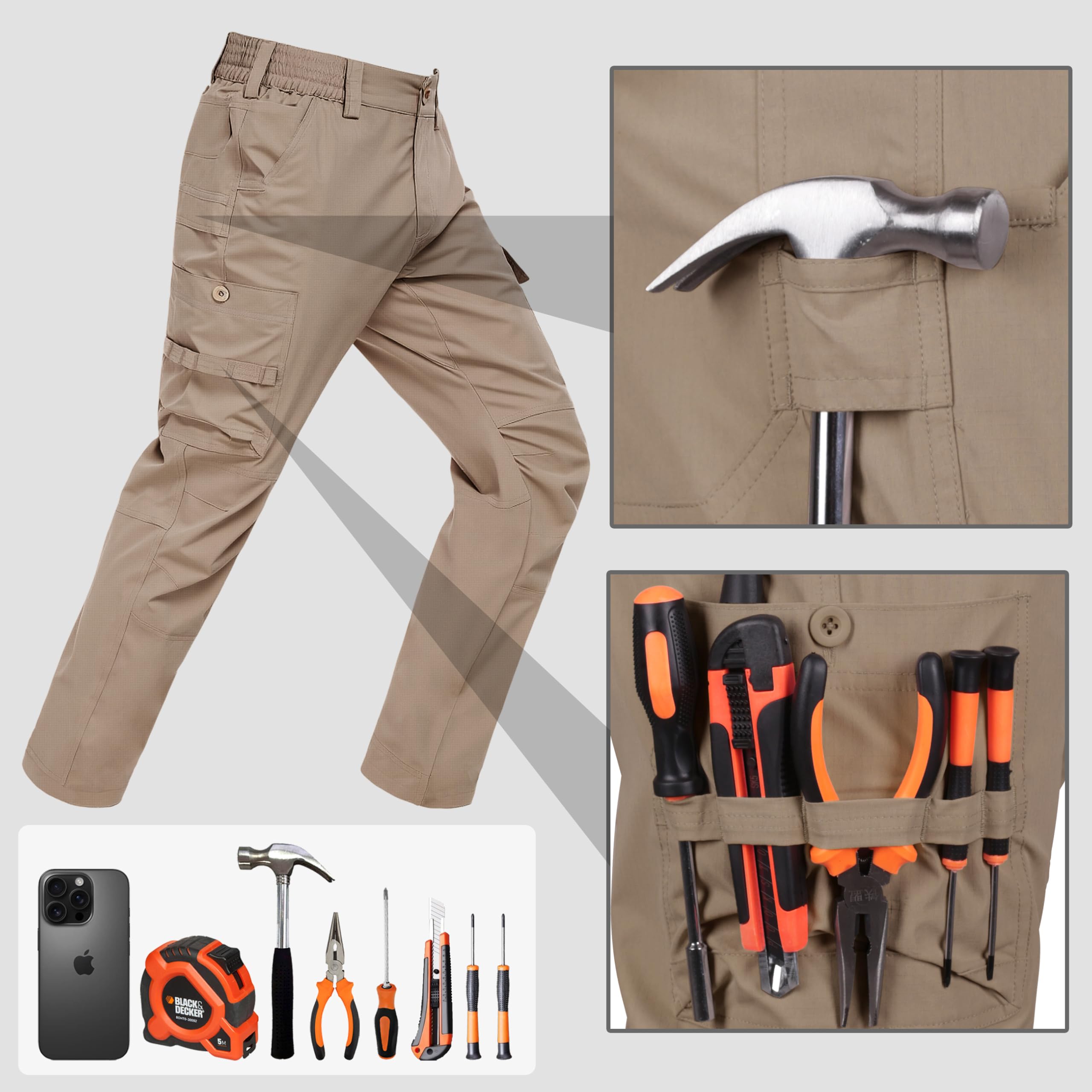 LZZIDOU cargo pocket left leg demonstrates expandable space for bulky items