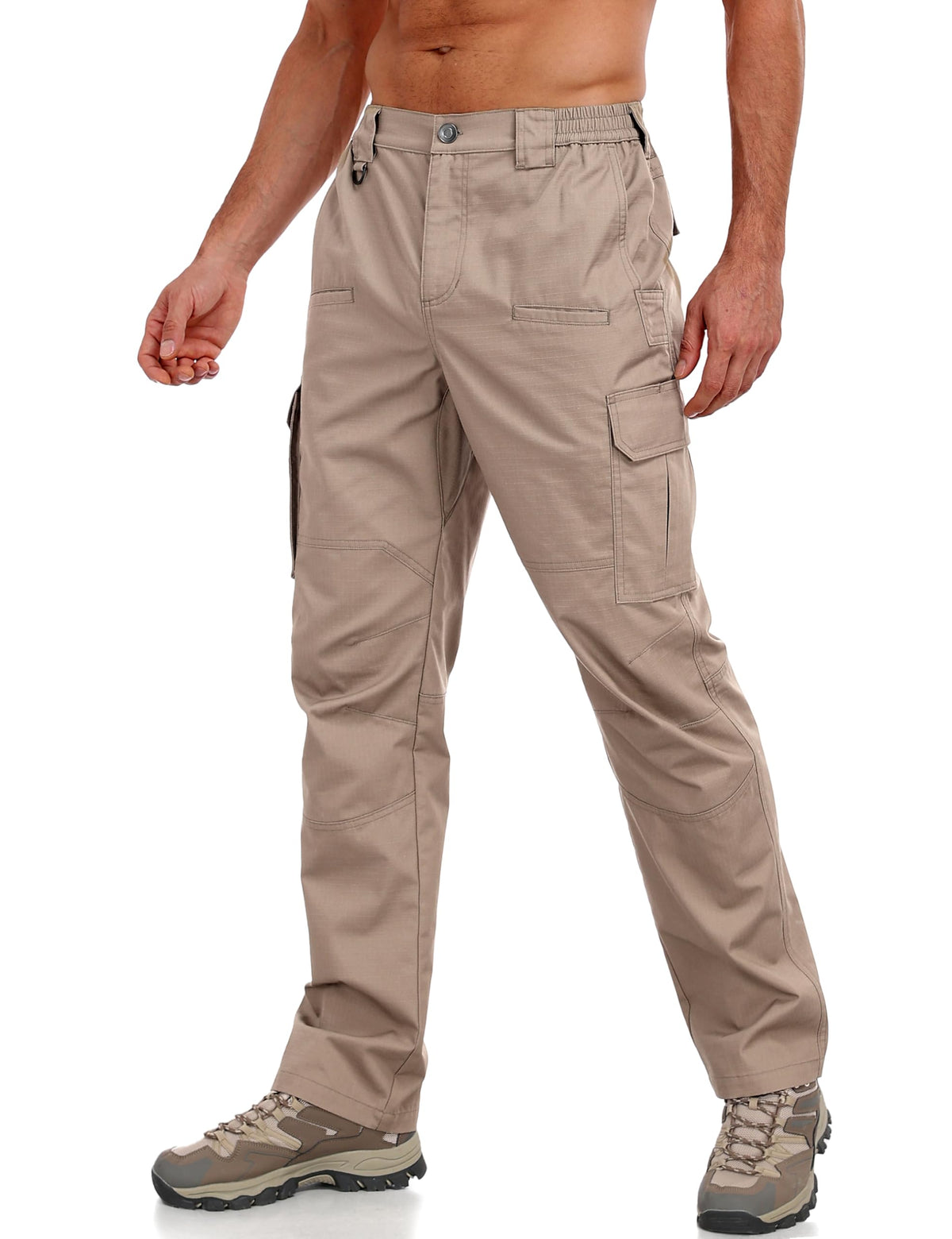 Lzzidou men's tactical cargo pants close-up fabric shows rugged ripstop durability for outdoor use.