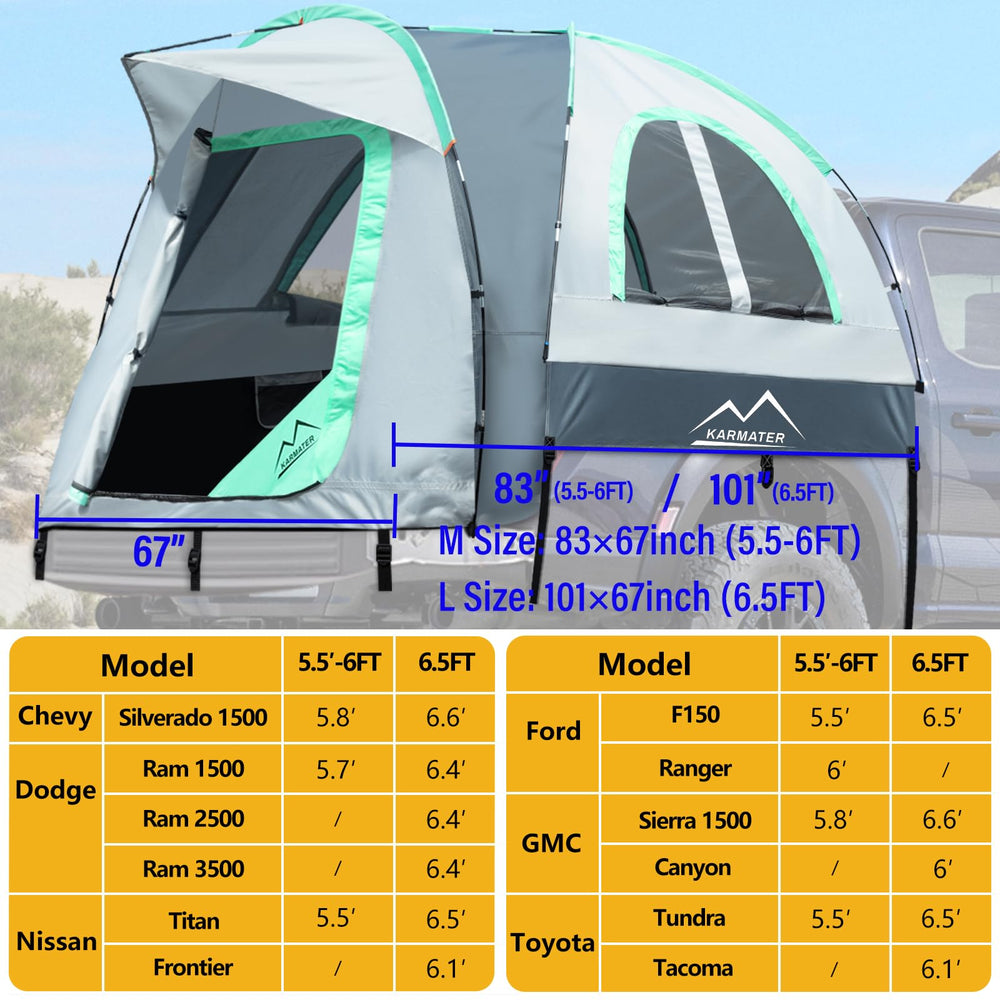 M KARMATER pickup tent bed-compatibility fits 5.5-6 ft truck beds.
