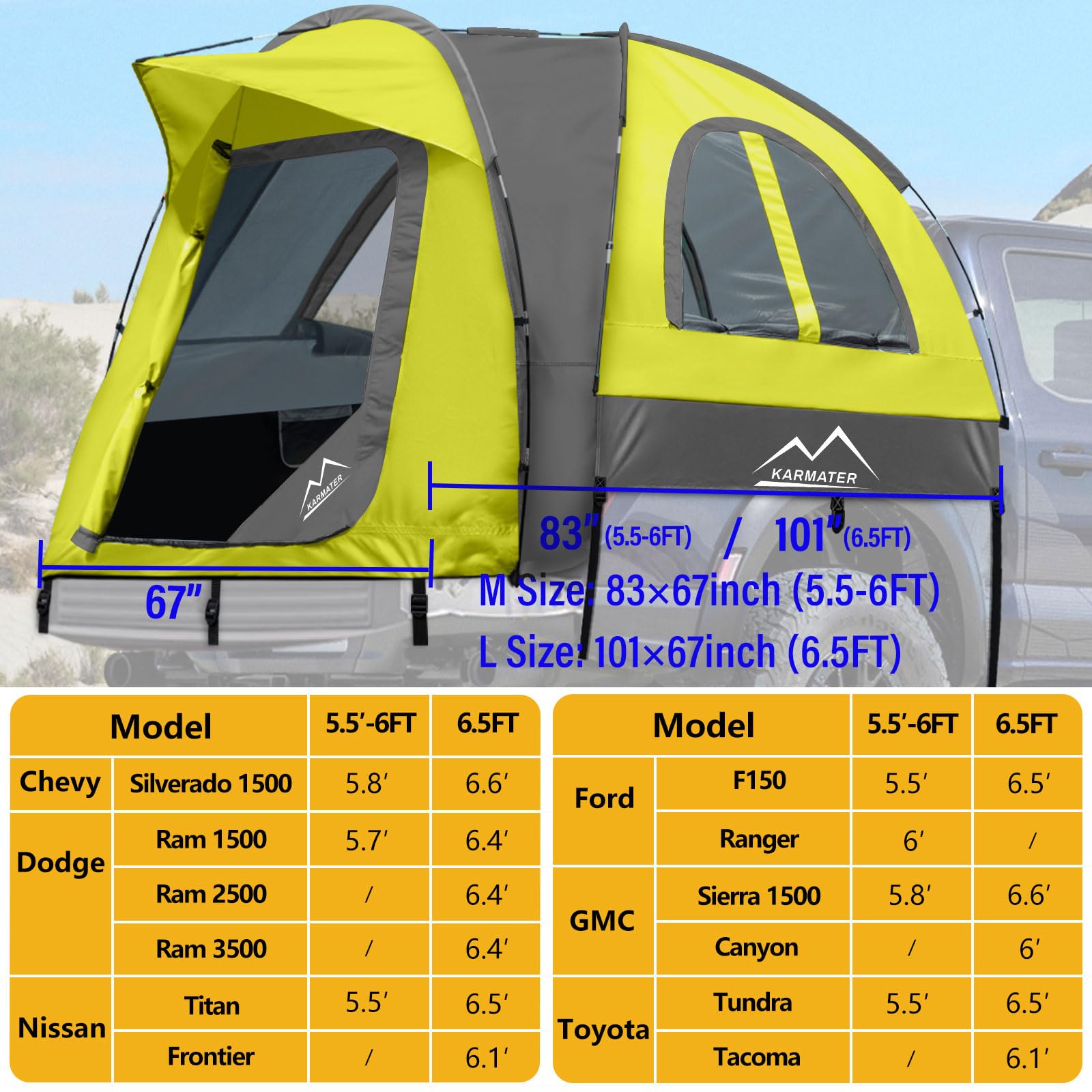 M KARMATER pickup truck tent easy assembly with color-coded poles