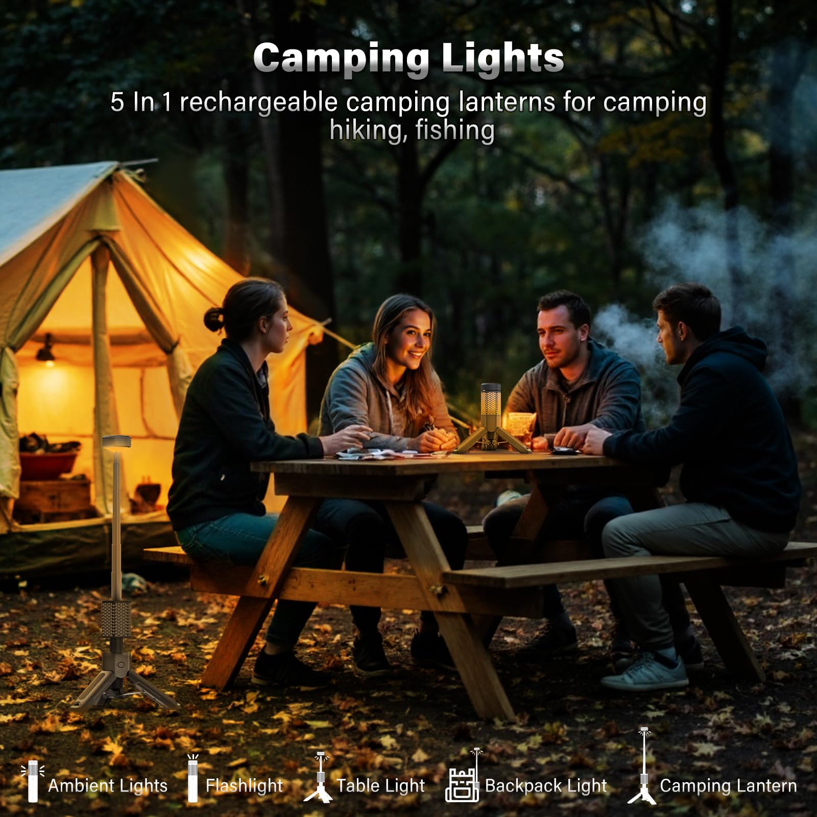 M KARMATER camping light magnetic base attached to metal surface for hands-free lighting.