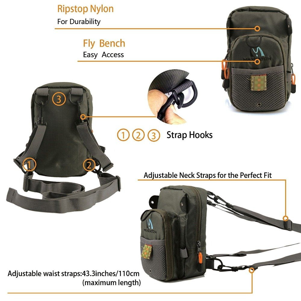 Attachment points and tool/tippet attachment on chest bag