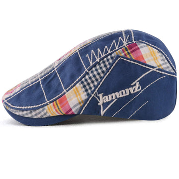 MOACC blue newsboy cap - front view with adjustable snaps