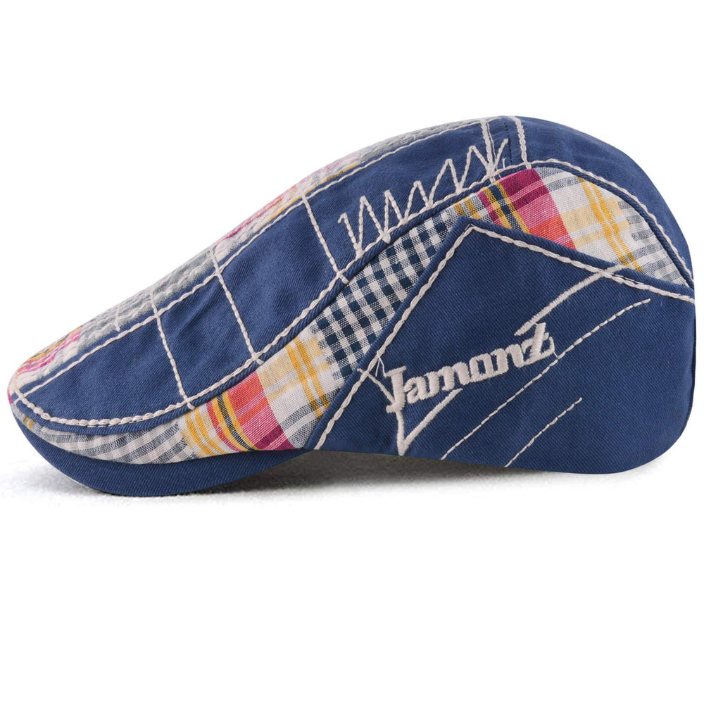 MOACC blue newsboy cap - front view with adjustable snaps