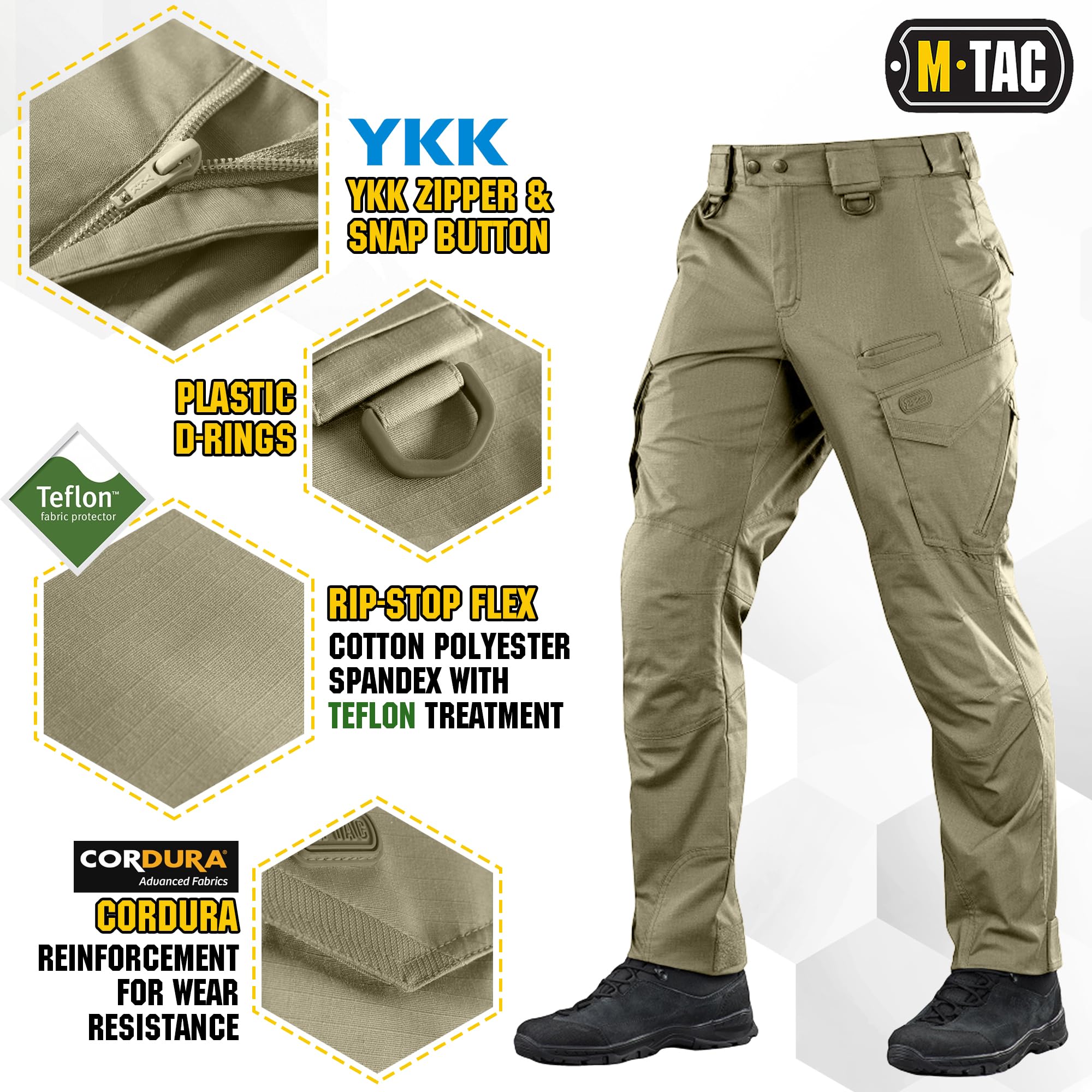 M-Tac Aggressor Flex reinforced knees illustrate protection during kneeling and crawling.