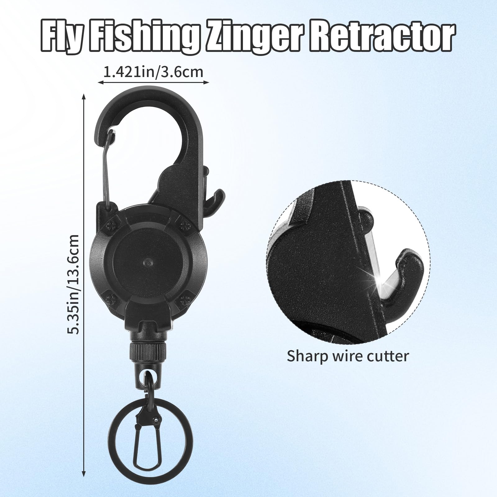 Close-up of the fly fishing line cutter integrated into the retractable zinger