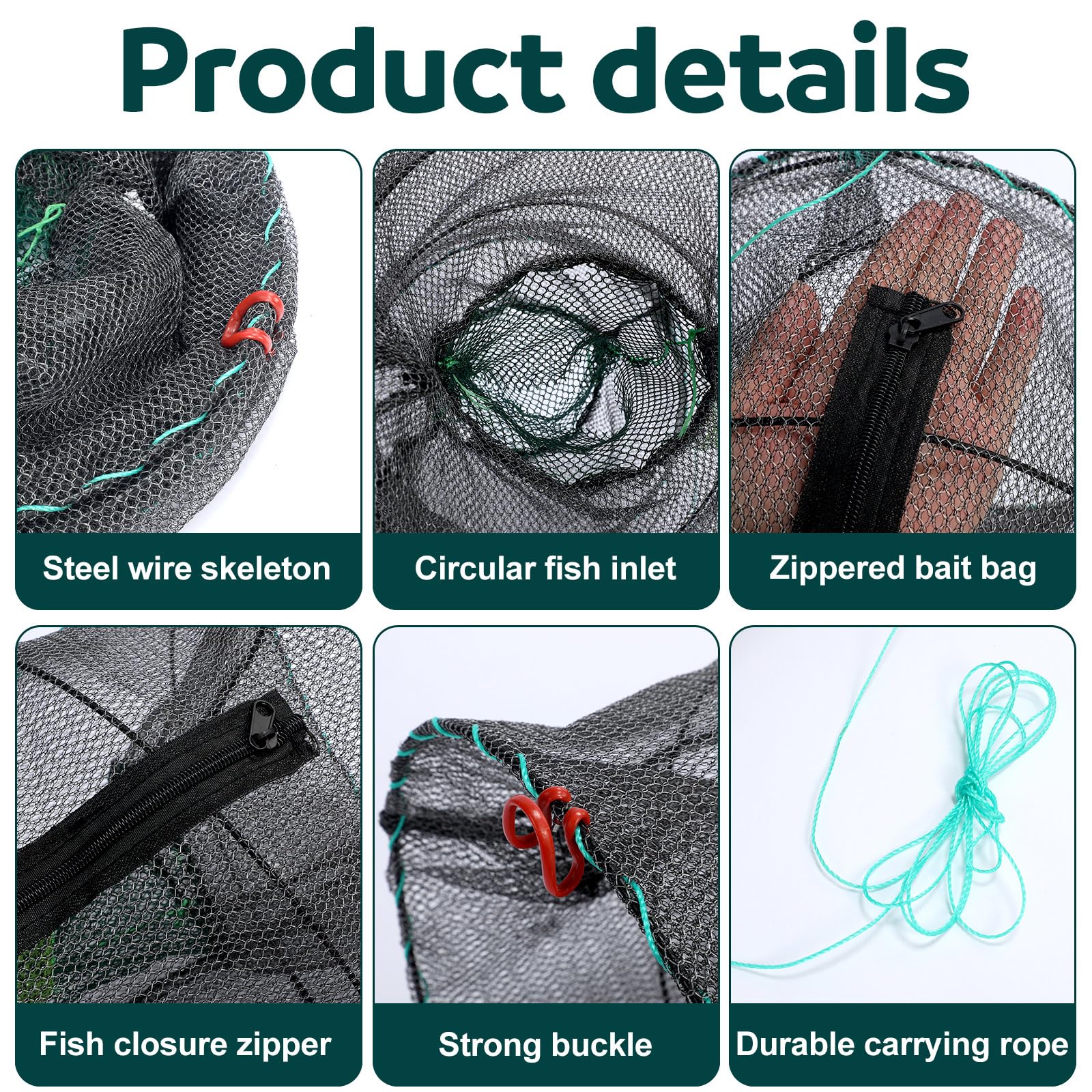 Zinc-coated steel frame and durable polyethylene mesh of the traps