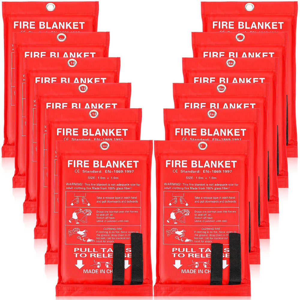 Macarrie 12-pack fire blankets neatly stacked for easy access during emergencies.