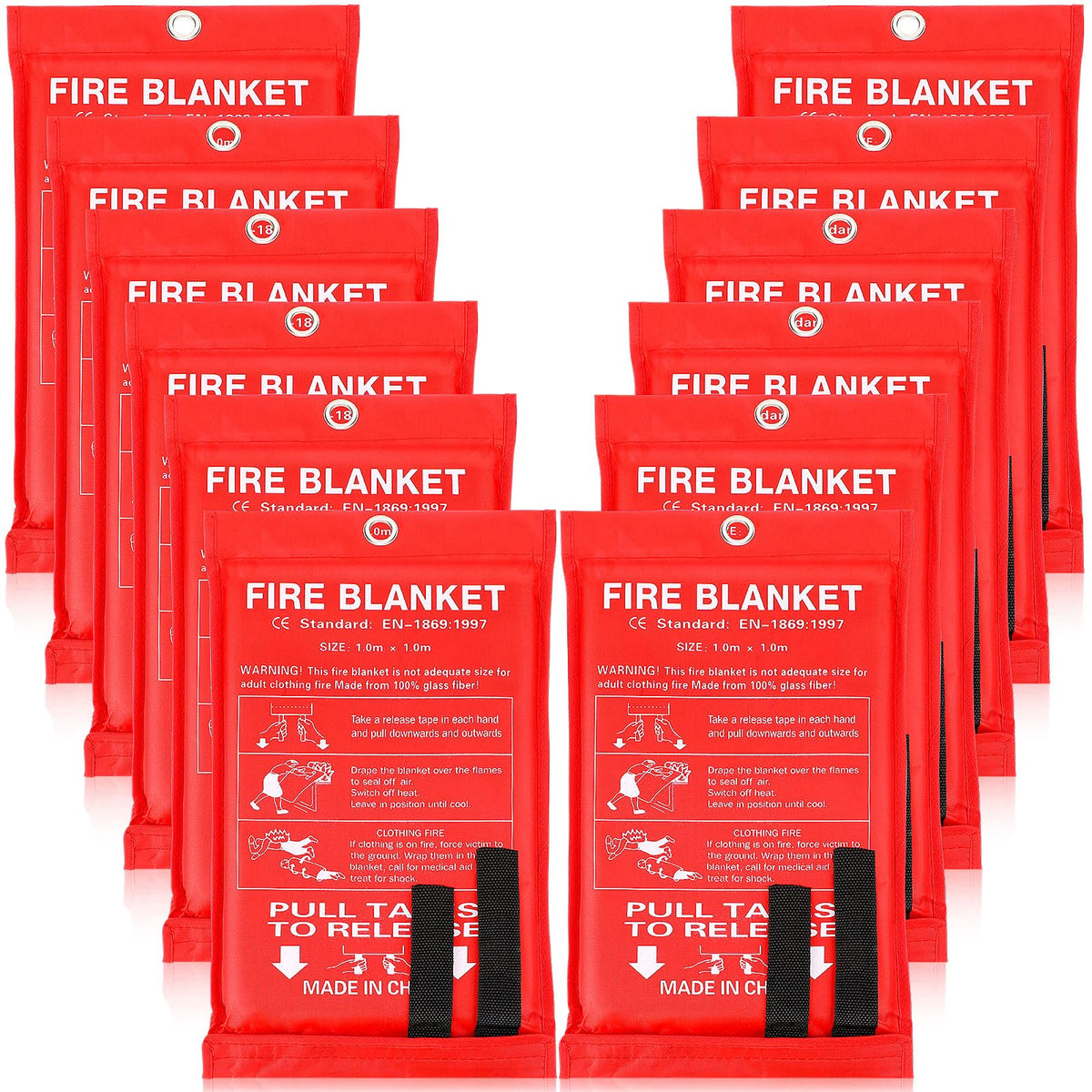 Macarrie 12-pack fire blankets neatly stacked for easy access during emergencies.