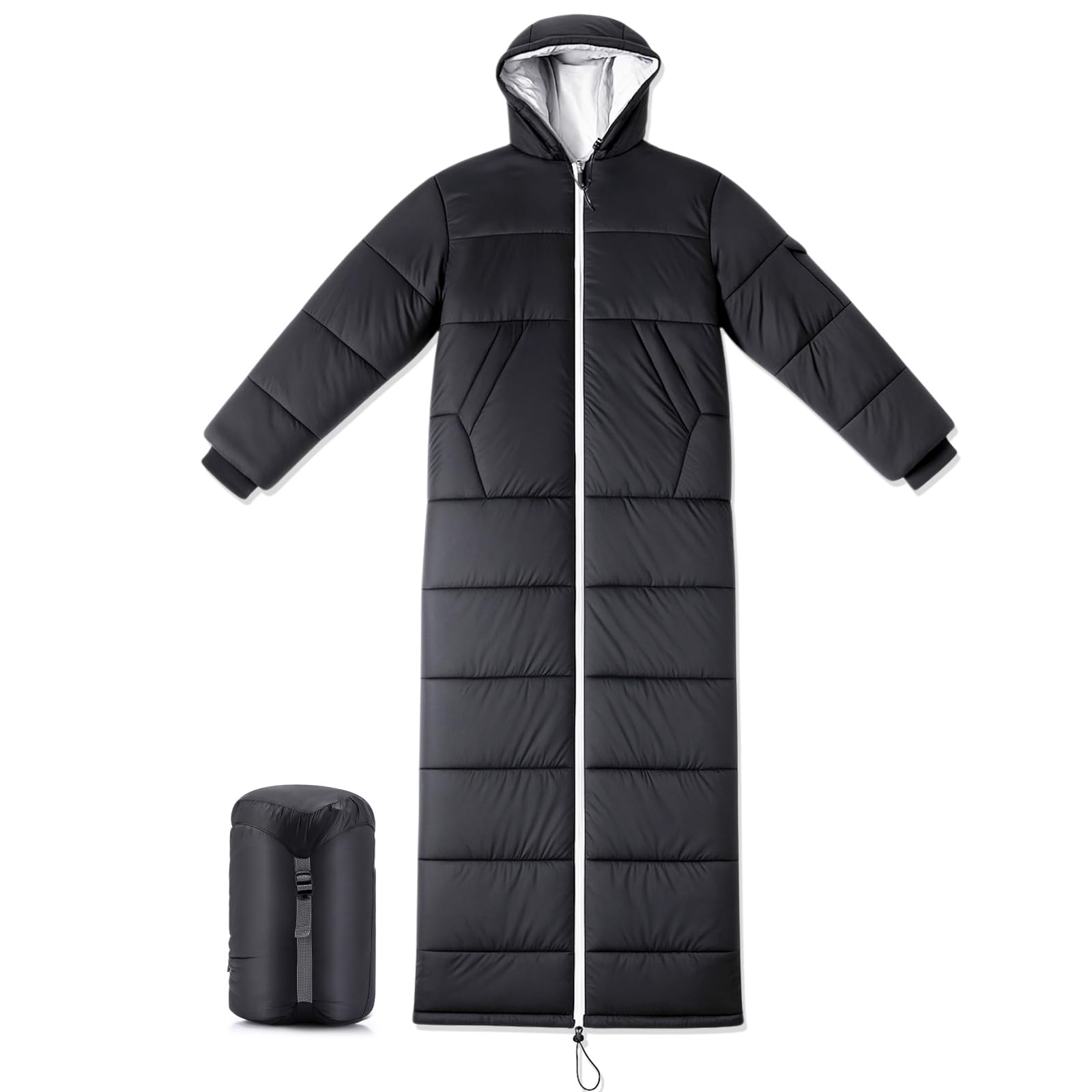 Macarrie wearable sleeping bag with sleeves and hood for mobility and warmth
