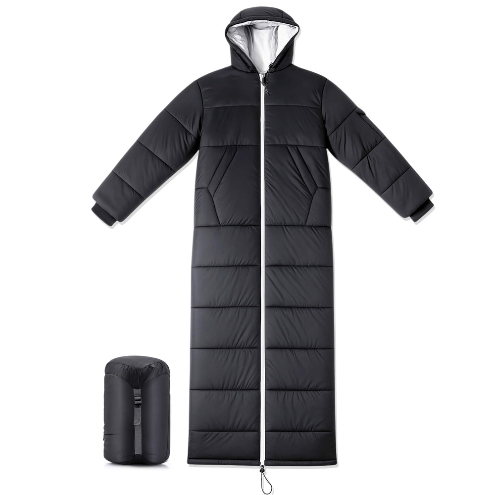 Macarrie wearable sleeping bag with sleeves and hood for mobility and warmth