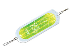 Mack's Lure Double D Dodger Lemon Lime UV front view boosts lure visibility