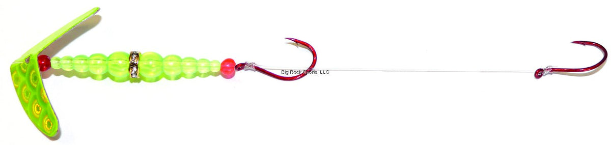 Mack's Lure Double Whammy Pro Chartreuse Scale spinner enhances action for walleye and trout