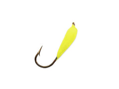 Mack's Lure Glo Hooks Snelled Bronze Chartreuse enhance ice fishing visibility.