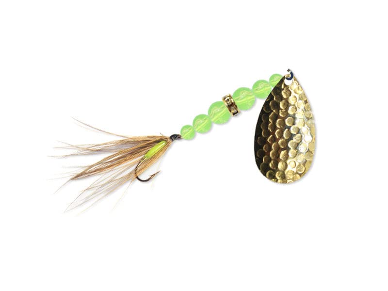 Mack's Lure Wedding Ring Glo Fly Hammered Brass shines to attract kokanee, trout, perch and walleye