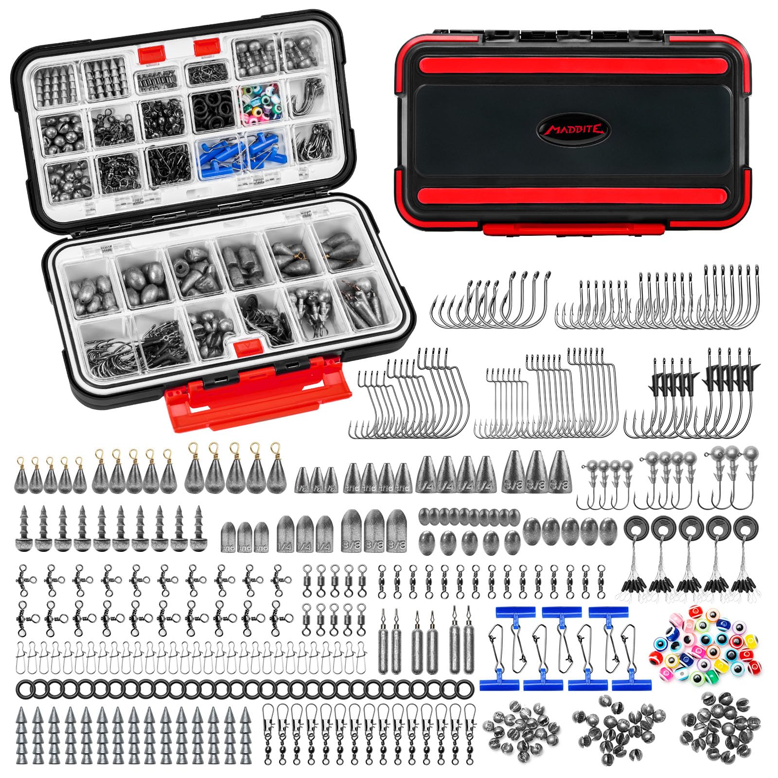 Open MadBite KastKing 400-Piece Freshwater Tackle Kit in watertight box