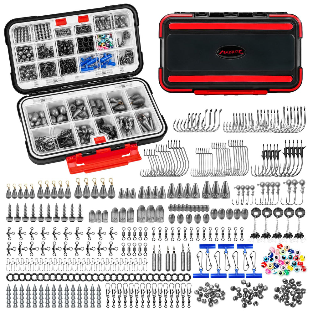 Front view of the MadBite KastKing 400-piece freshwater tackle kit box