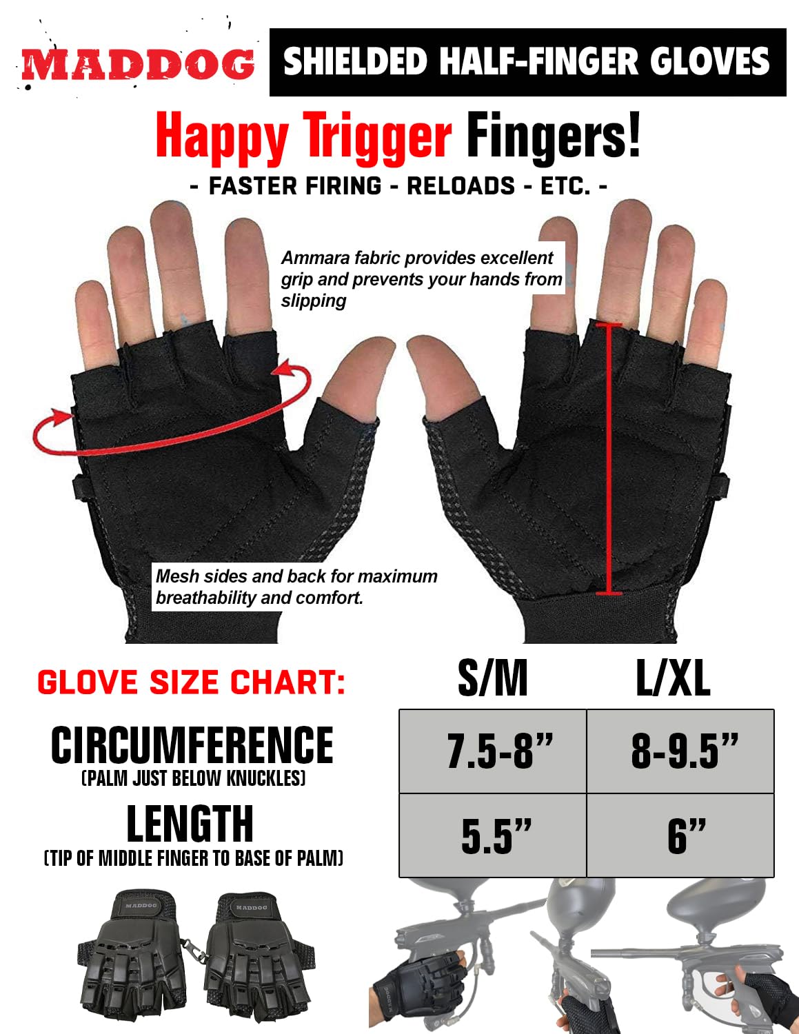 Maddog half-gloves palm view highlights reinforced grip and finger freedom