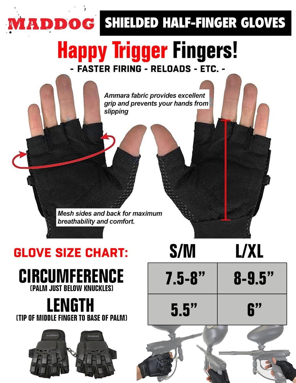 Maddog half-gloves palm view highlights reinforced grip and finger freedom