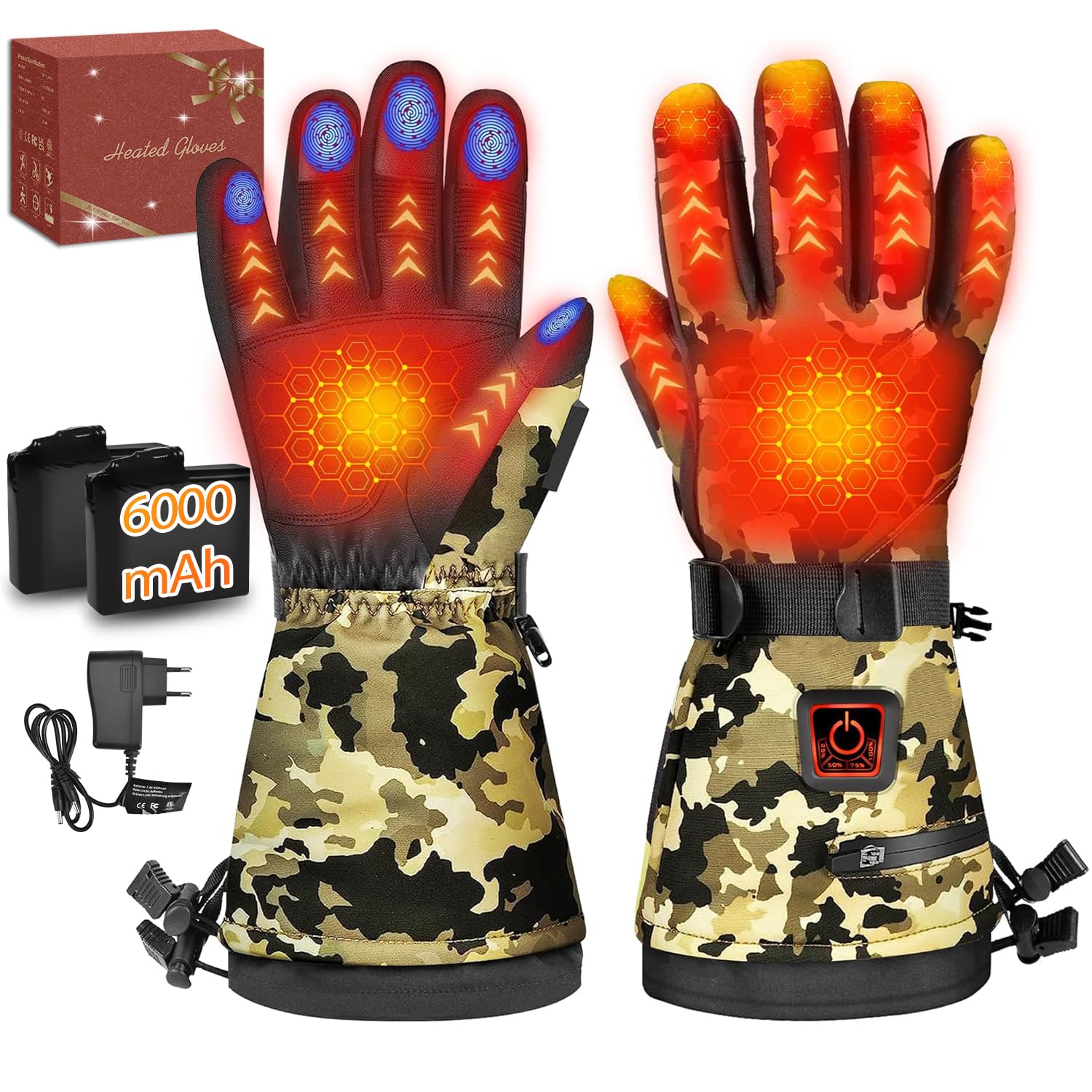 MADETEC heated gloves camo front view showing full-hand warmth